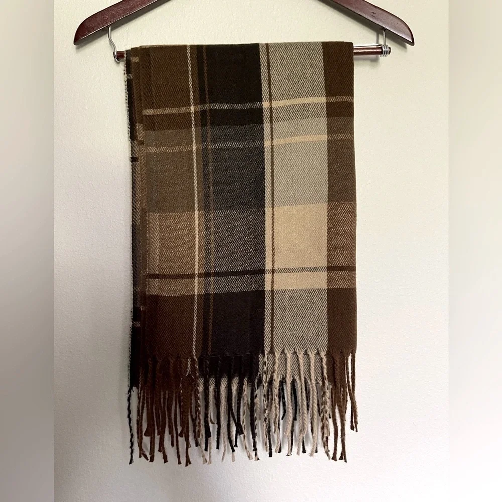 Oversized Brown Tan Plaid Blanket Scarf Wrap | Fringe Neutral Winter Shawl